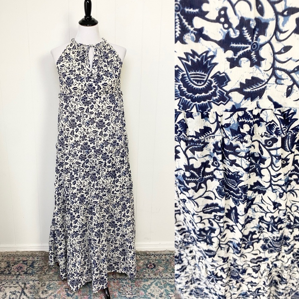 HOUSE OF HARLOW 1960 Blue White Cotton Tiered Sleeveless Maxi Dress Size XS Boho